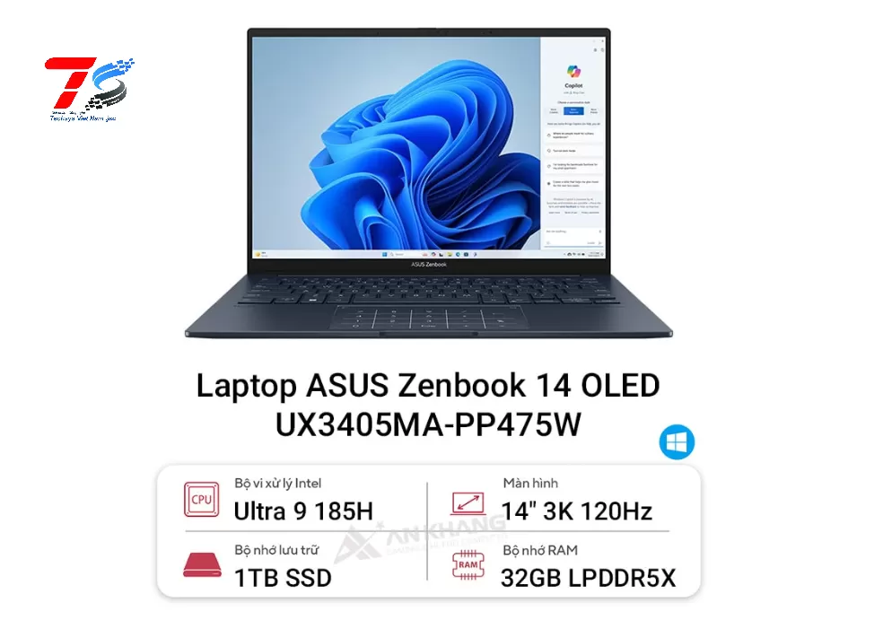 Laptop Asus Zenbook 14 OLED UX3405MA-PP475W (Intel Core Ultra 9 | 32GB | 1TB | Intel Arc | 14 inch 3K 120Hz | W11H| Xanh)